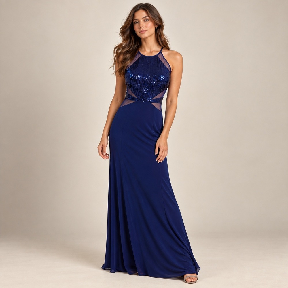 Morgan & Co Gown Womens 9/10 Blue Sequin Mesh Halter Formal Maxi Dress Pageant